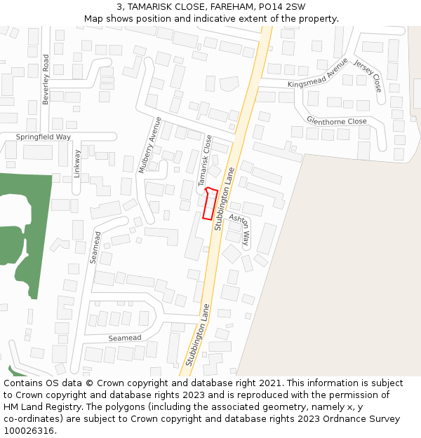 3, TAMARISK CLOSE, FAREHAM, PO14 2SW: Location map and indicative extent of plot