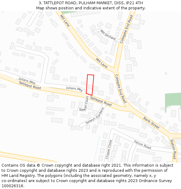 3, TATTLEPOT ROAD, PULHAM MARKET, DISS, IP21 4TH: Location map and indicative extent of plot
