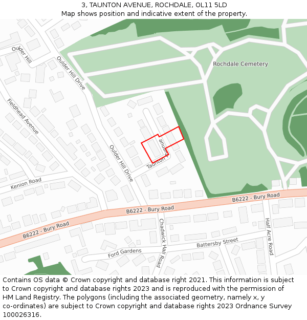 3, TAUNTON AVENUE, ROCHDALE, OL11 5LD: Location map and indicative extent of plot