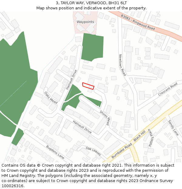 3, TAYLOR WAY, VERWOOD, BH31 6LT: Location map and indicative extent of plot