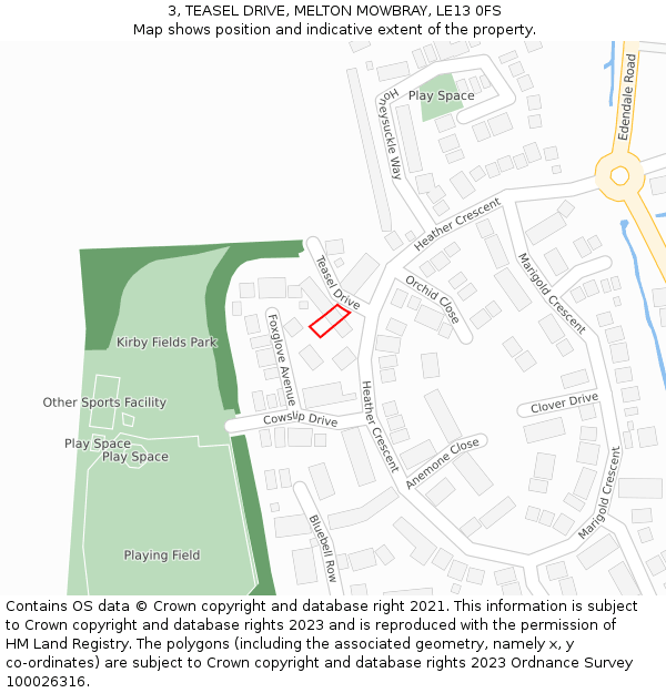 3, TEASEL DRIVE, MELTON MOWBRAY, LE13 0FS: Location map and indicative extent of plot