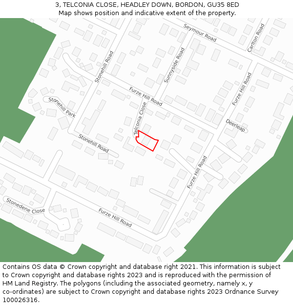3, TELCONIA CLOSE, HEADLEY DOWN, BORDON, GU35 8ED: Location map and indicative extent of plot