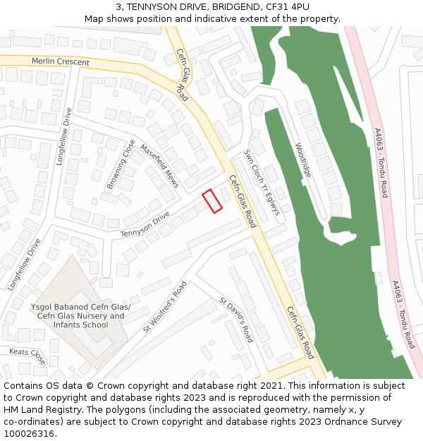 3, TENNYSON DRIVE, BRIDGEND, CF31 4PU: Location map and indicative extent of plot