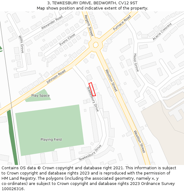 3, TEWKESBURY DRIVE, BEDWORTH, CV12 9ST: Location map and indicative extent of plot