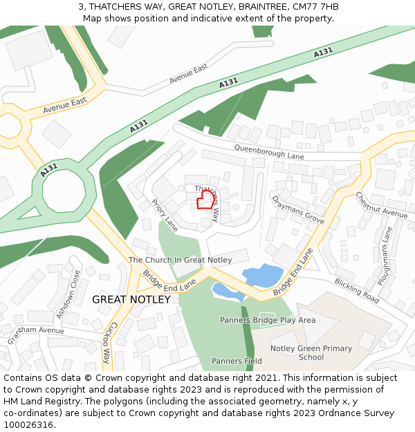 3, THATCHERS WAY, GREAT NOTLEY, BRAINTREE, CM77 7HB: Location map and indicative extent of plot