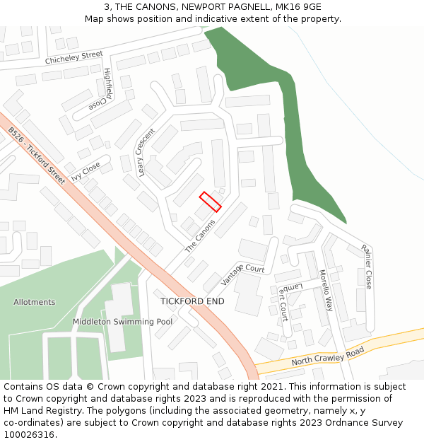 3, THE CANONS, NEWPORT PAGNELL, MK16 9GE: Location map and indicative extent of plot