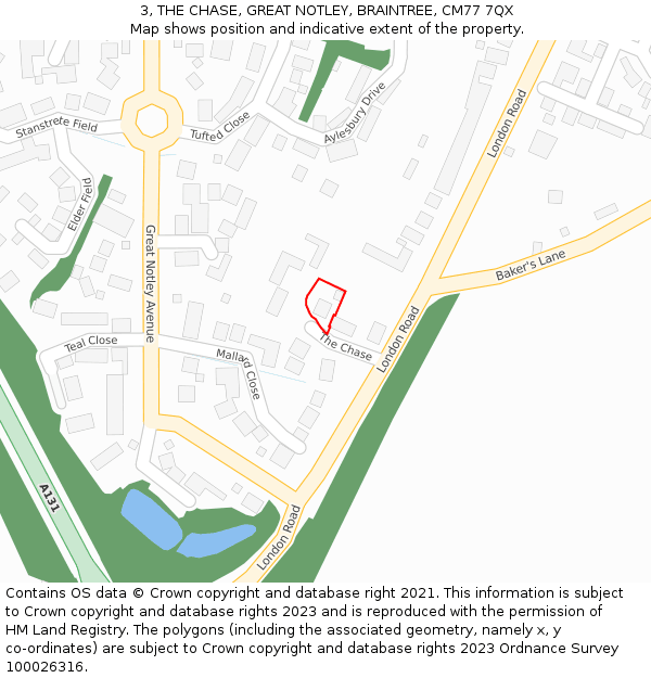 3, THE CHASE, GREAT NOTLEY, BRAINTREE, CM77 7QX: Location map and indicative extent of plot
