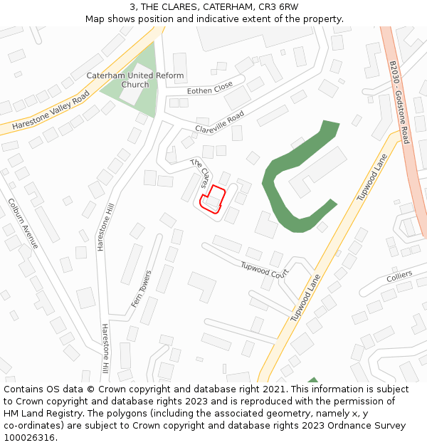 3, THE CLARES, CATERHAM, CR3 6RW: Location map and indicative extent of plot