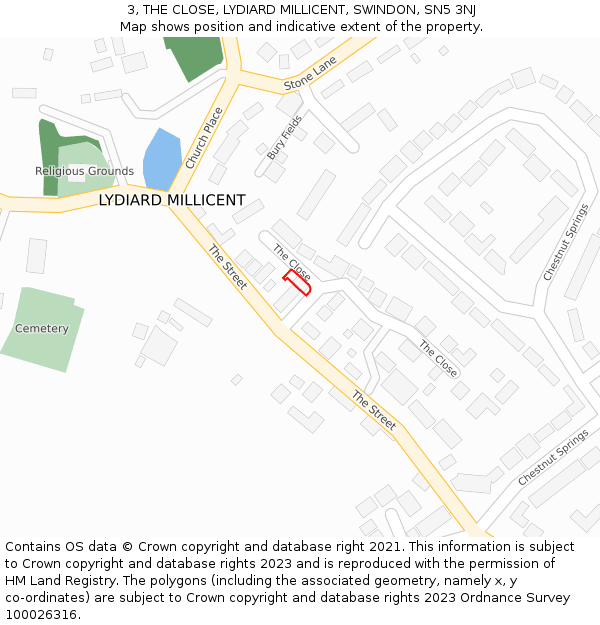 3, THE CLOSE, LYDIARD MILLICENT, SWINDON, SN5 3NJ: Location map and indicative extent of plot