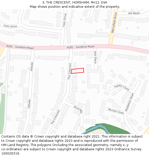 3, THE CRESCENT, HORSHAM, RH12 1NA: Location map and indicative extent of plot