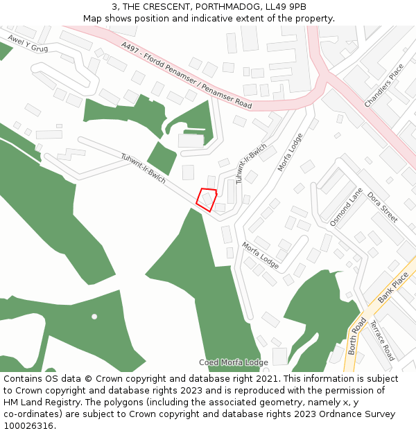 3, THE CRESCENT, PORTHMADOG, LL49 9PB: Location map and indicative extent of plot