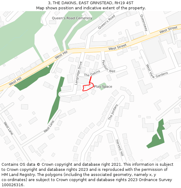 3, THE DAKINS, EAST GRINSTEAD, RH19 4ST: Location map and indicative extent of plot