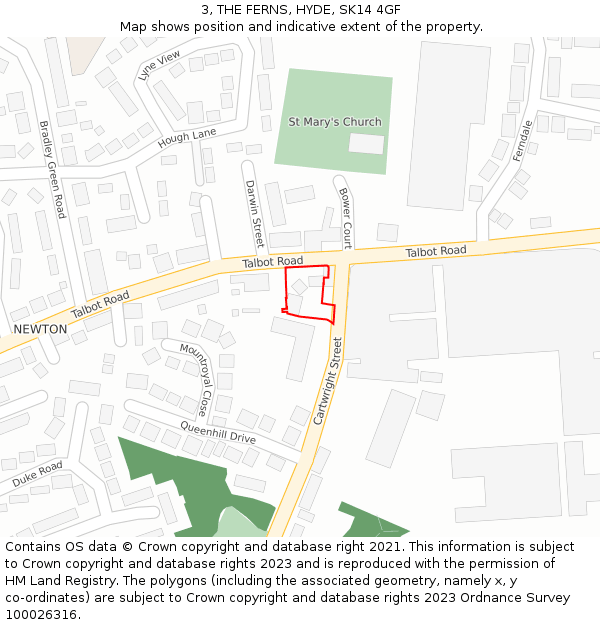 3, THE FERNS, HYDE, SK14 4GF: Location map and indicative extent of plot