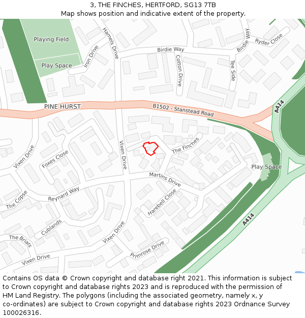 3, THE FINCHES, HERTFORD, SG13 7TB: Location map and indicative extent of plot