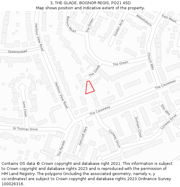 3, THE GLADE, BOGNOR REGIS, PO21 4SD: Location map and indicative extent of plot