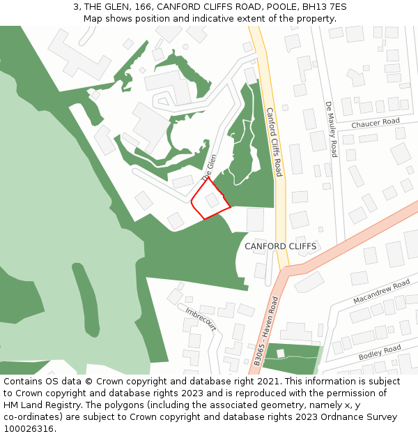 3, THE GLEN, 166, CANFORD CLIFFS ROAD, POOLE, BH13 7ES: Location map and indicative extent of plot