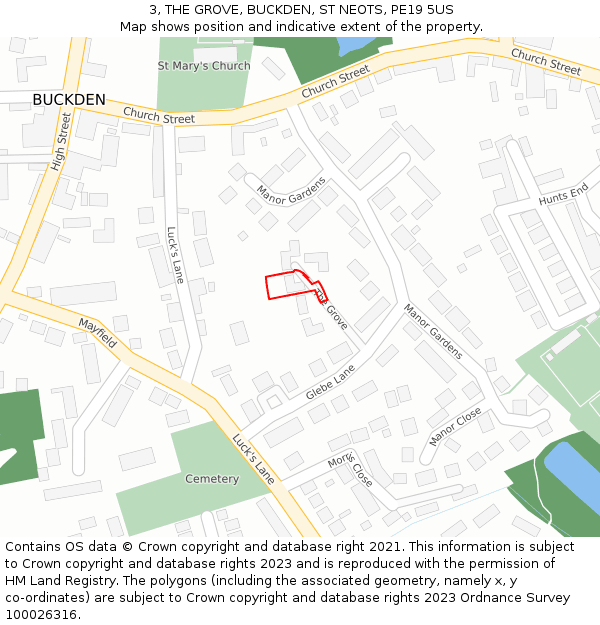 3, THE GROVE, BUCKDEN, ST NEOTS, PE19 5US: Location map and indicative extent of plot