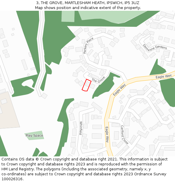 3, THE GROVE, MARTLESHAM HEATH, IPSWICH, IP5 3UZ: Location map and indicative extent of plot