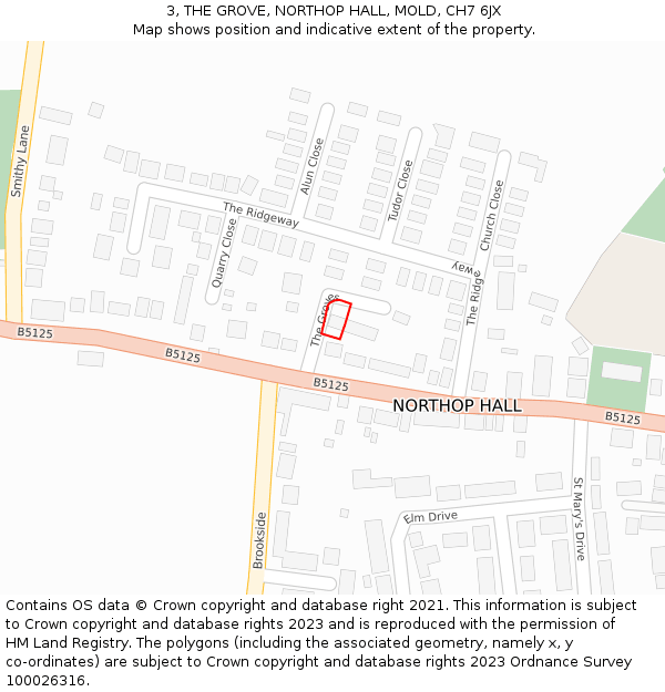 3, THE GROVE, NORTHOP HALL, MOLD, CH7 6JX: Location map and indicative extent of plot