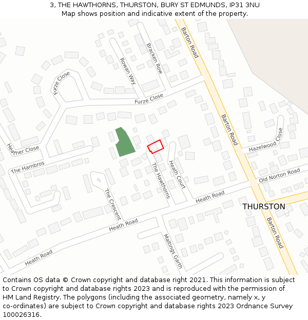 3, THE HAWTHORNS, THURSTON, BURY ST EDMUNDS, IP31 3NU: Location map and indicative extent of plot