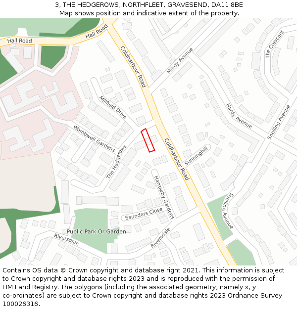 3, THE HEDGEROWS, NORTHFLEET, GRAVESEND, DA11 8BE: Location map and indicative extent of plot