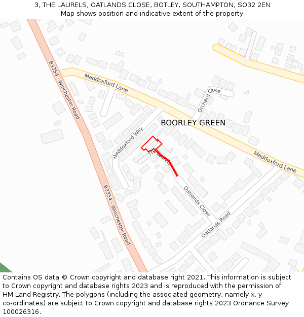 3, THE LAURELS, OATLANDS CLOSE, BOTLEY, SOUTHAMPTON, SO32 2EN: Location map and indicative extent of plot