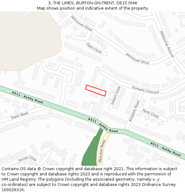 3, THE LIMES, BURTON-ON-TRENT, DE15 0NW: Location map and indicative extent of plot