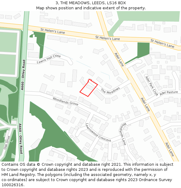 3, THE MEADOWS, LEEDS, LS16 8DX: Location map and indicative extent of plot