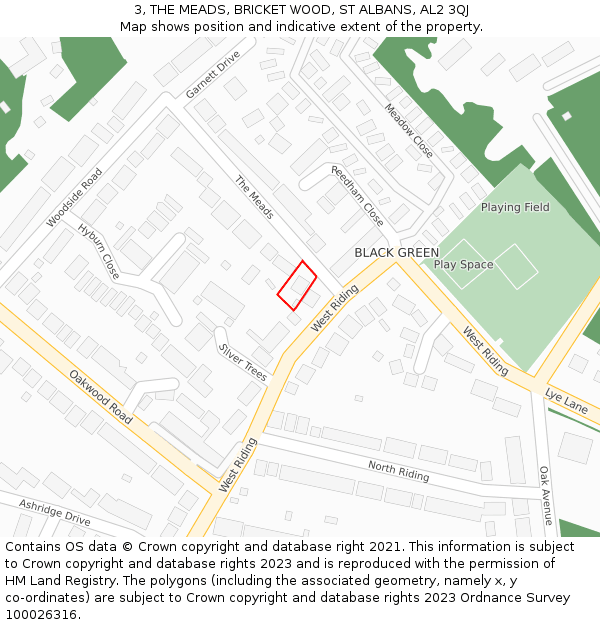 3, THE MEADS, BRICKET WOOD, ST ALBANS, AL2 3QJ: Location map and indicative extent of plot