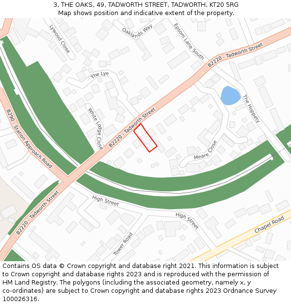 3, THE OAKS, 49, TADWORTH STREET, TADWORTH, KT20 5RG: Location map and indicative extent of plot