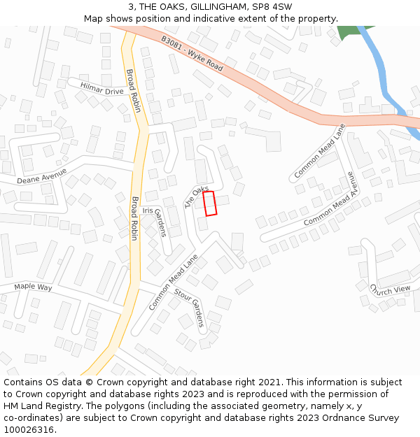 3, THE OAKS, GILLINGHAM, SP8 4SW: Location map and indicative extent of plot