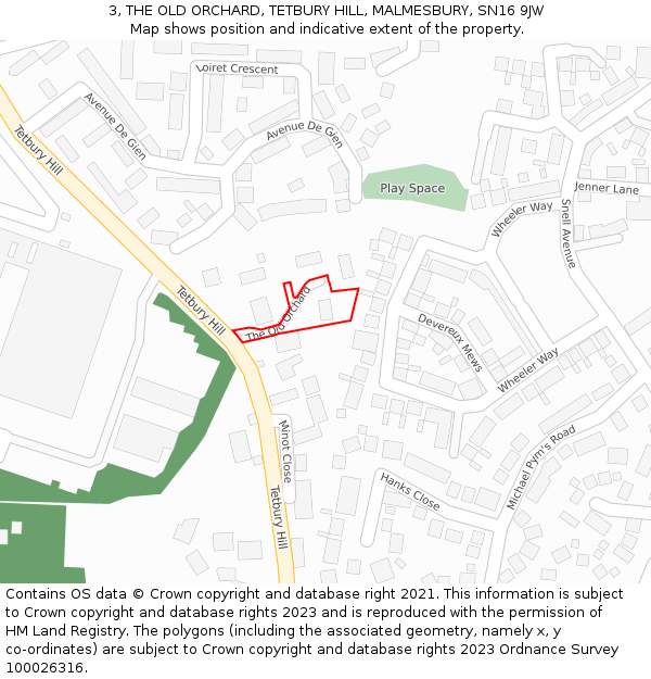 3, THE OLD ORCHARD, TETBURY HILL, MALMESBURY, SN16 9JW: Location map and indicative extent of plot