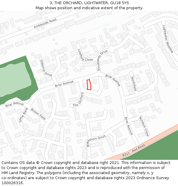 3, THE ORCHARD, LIGHTWATER, GU18 5YS: Location map and indicative extent of plot