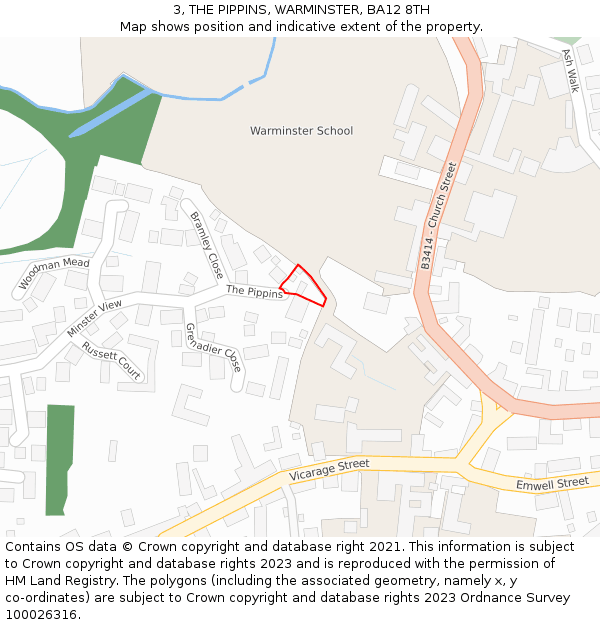 3, THE PIPPINS, WARMINSTER, BA12 8TH: Location map and indicative extent of plot