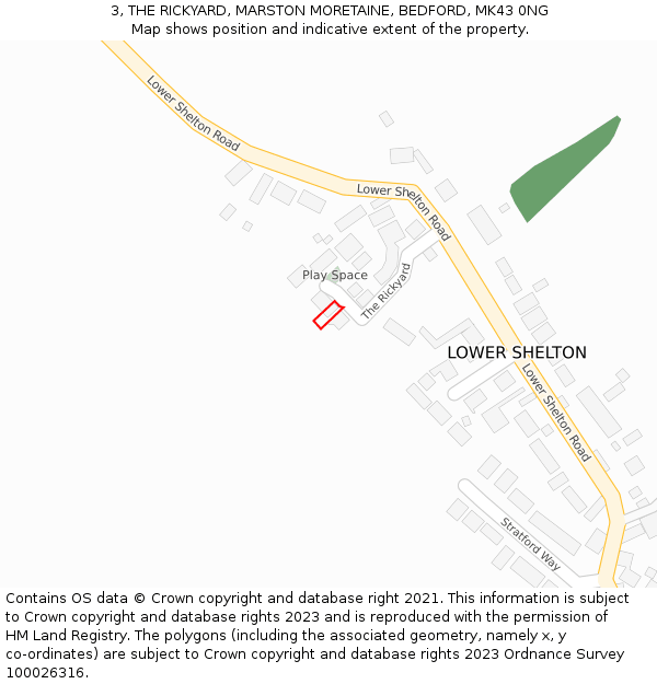 3, THE RICKYARD, MARSTON MORETAINE, BEDFORD, MK43 0NG: Location map and indicative extent of plot