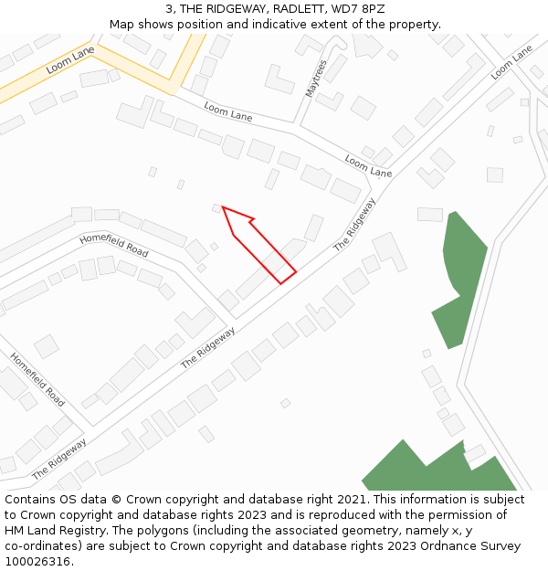 3, THE RIDGEWAY, RADLETT, WD7 8PZ: Location map and indicative extent of plot