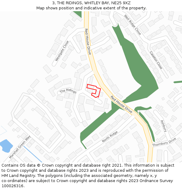 3, THE RIDINGS, WHITLEY BAY, NE25 9XZ: Location map and indicative extent of plot