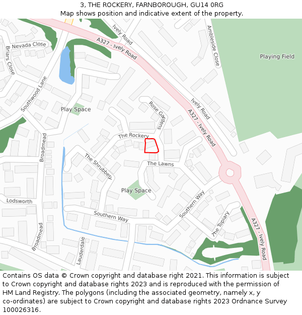 3, THE ROCKERY, FARNBOROUGH, GU14 0RG: Location map and indicative extent of plot