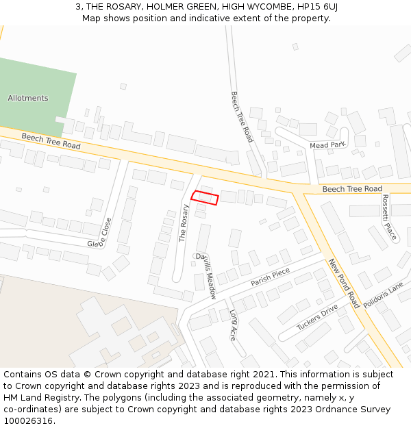 3, THE ROSARY, HOLMER GREEN, HIGH WYCOMBE, HP15 6UJ: Location map and indicative extent of plot