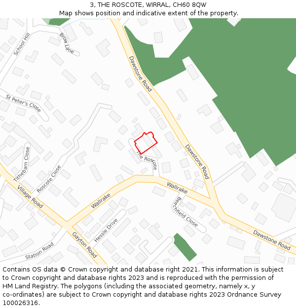 3, THE ROSCOTE, WIRRAL, CH60 8QW: Location map and indicative extent of plot