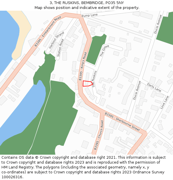 3, THE RUSKINS, BEMBRIDGE, PO35 5NY: Location map and indicative extent of plot