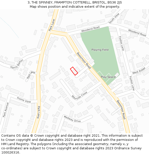 3, THE SPINNEY, FRAMPTON COTTERELL, BRISTOL, BS36 2JS: Location map and indicative extent of plot