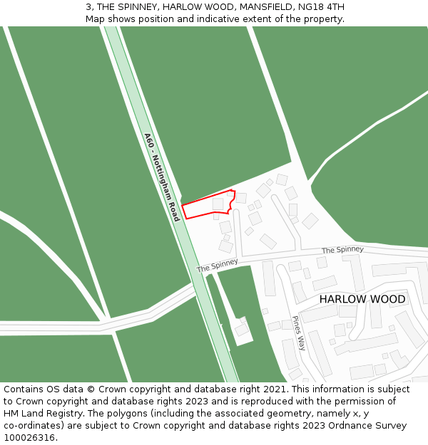3, THE SPINNEY, HARLOW WOOD, MANSFIELD, NG18 4TH: Location map and indicative extent of plot