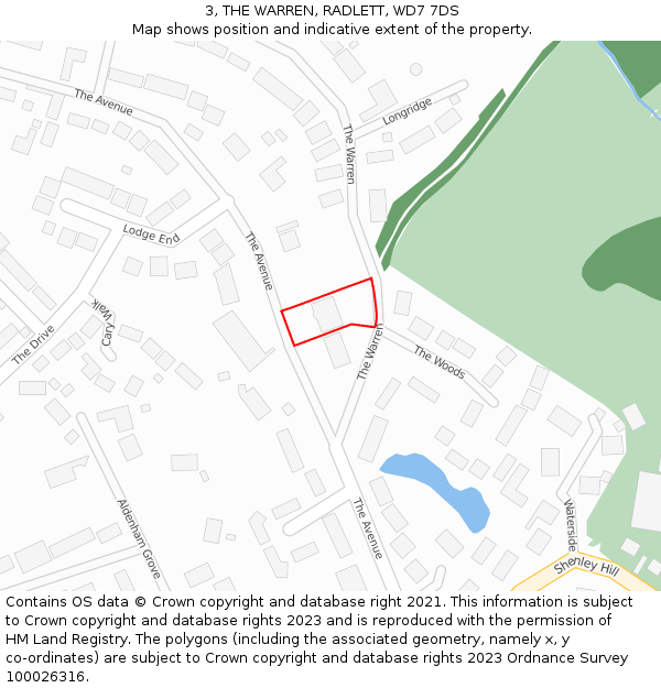 3, THE WARREN, RADLETT, WD7 7DS: Location map and indicative extent of plot