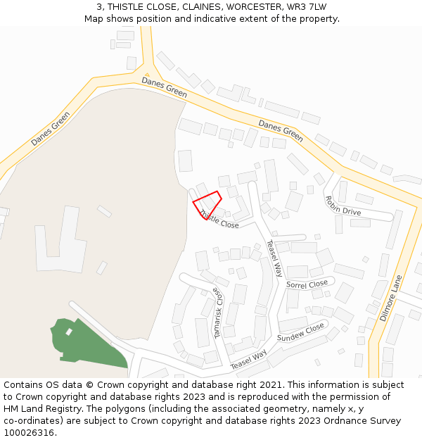 3, THISTLE CLOSE, CLAINES, WORCESTER, WR3 7LW: Location map and indicative extent of plot