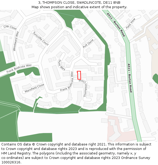 3, THOMPSON CLOSE, SWADLINCOTE, DE11 8NB: Location map and indicative extent of plot