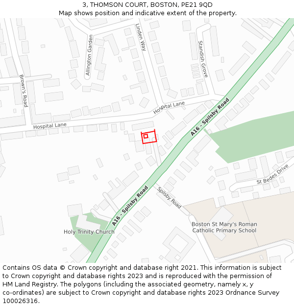 3, THOMSON COURT, BOSTON, PE21 9QD: Location map and indicative extent of plot