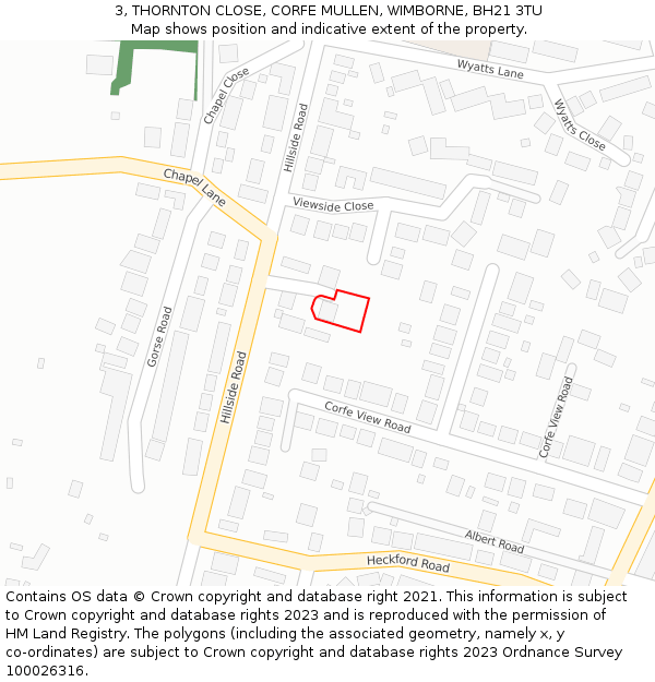3, THORNTON CLOSE, CORFE MULLEN, WIMBORNE, BH21 3TU: Location map and indicative extent of plot