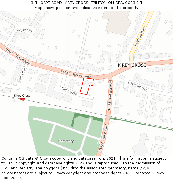 3, THORPE ROAD, KIRBY CROSS, FRINTON-ON-SEA, CO13 0LT: Location map and indicative extent of plot