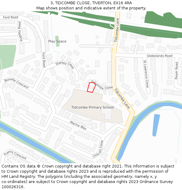 3, TIDCOMBE CLOSE, TIVERTON, EX16 4RA: Location map and indicative extent of plot